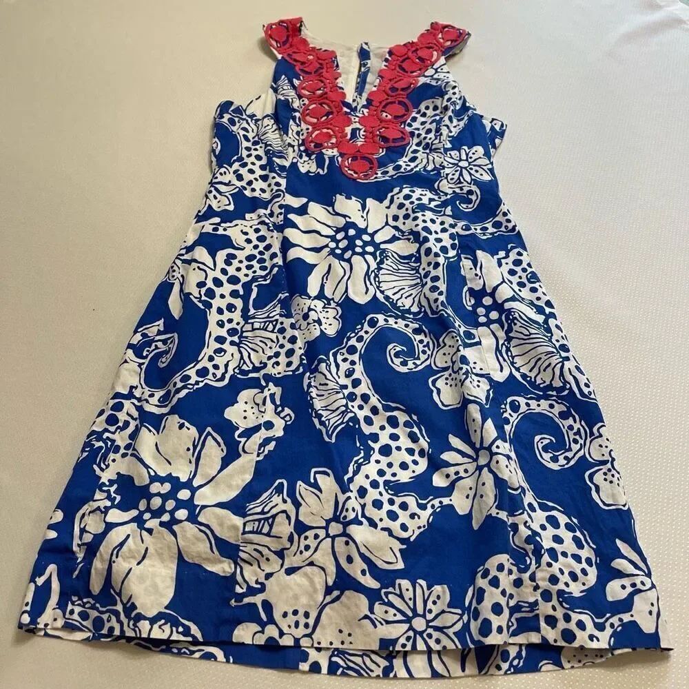 Lilly Pulitzer Augusta Shift Dress Deep Sea Blue Quahog Chowdah Lace Trim Size 2